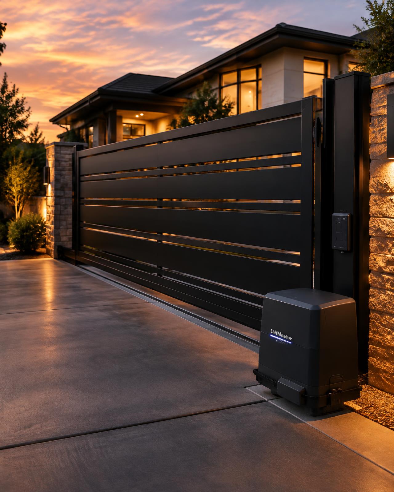 Automatic sliding driveway gate with LiftMaster gate operator installed in Comal County, Texas